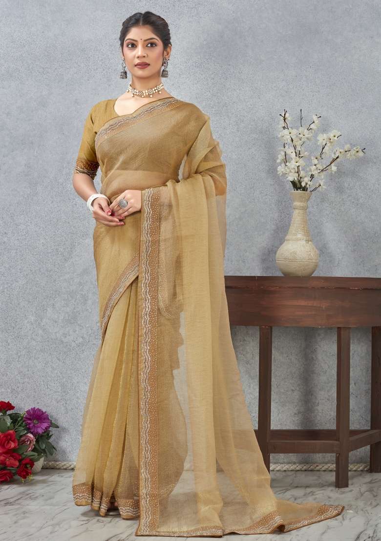 Mustard Silk Blend Saree Set with Printed for Diwali | Wedding & Festive Wear - Indya