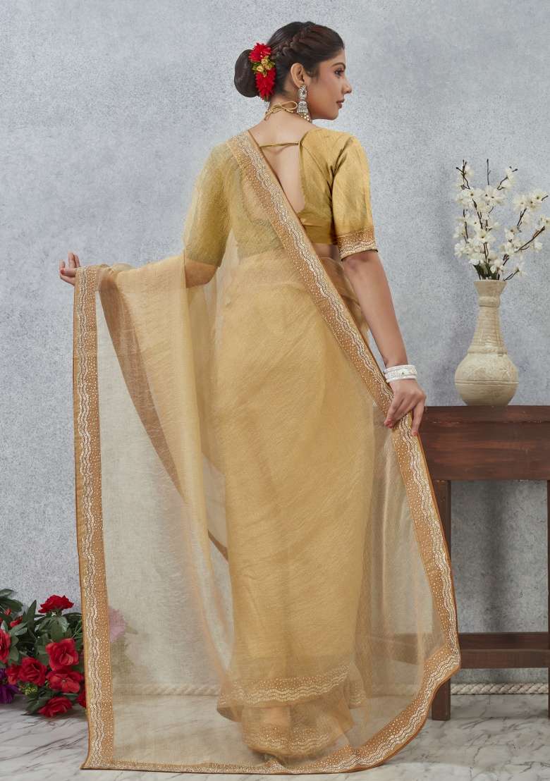 Mustard Silk Blend Saree Set with Printed for Diwali | Wedding & Festive Wear - Indya