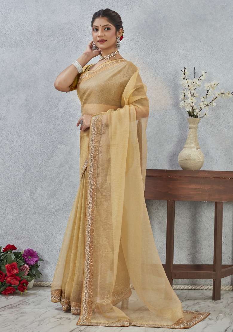 Mustard Silk Blend Saree Set with Printed for Diwali | Wedding & Festive Wear - Indya