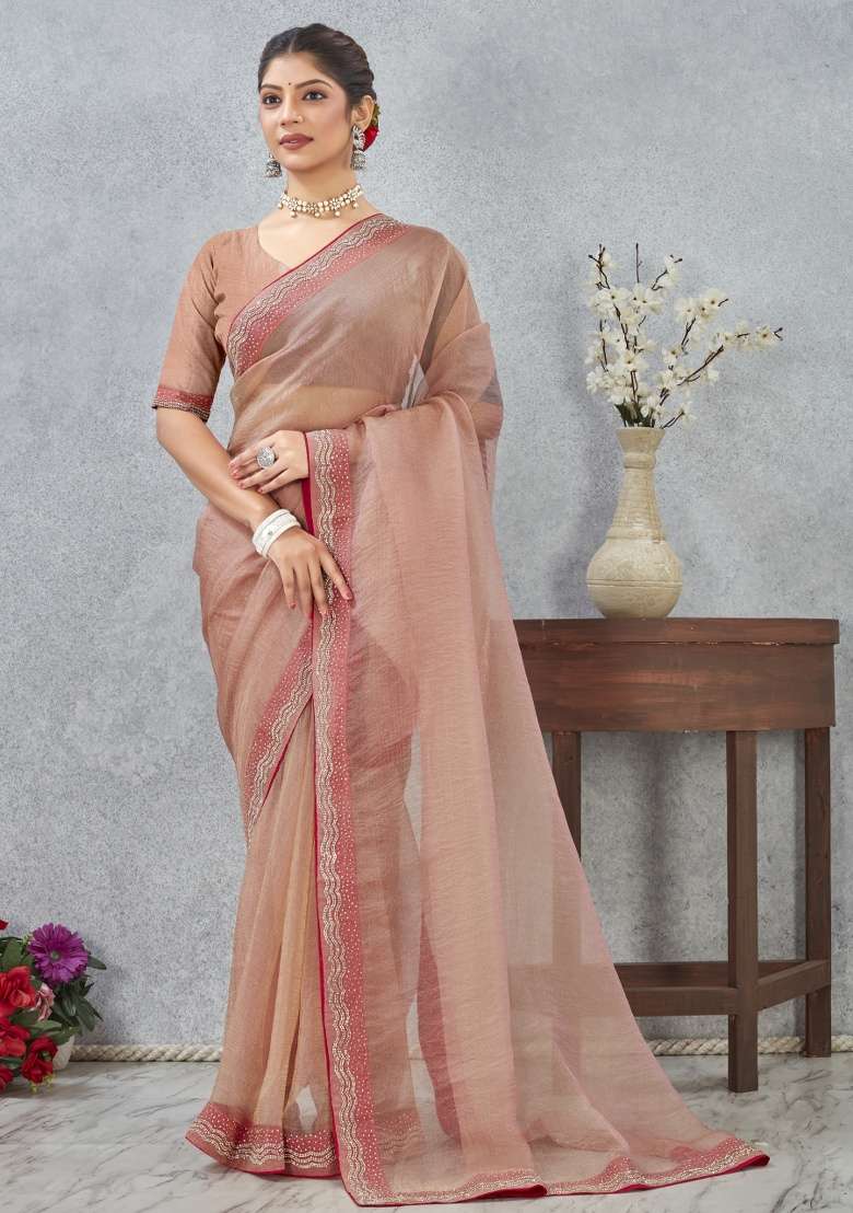 Peach Silk Blend Saree Set with Printed for Diwali | Wedding & Festive Wear - Indya