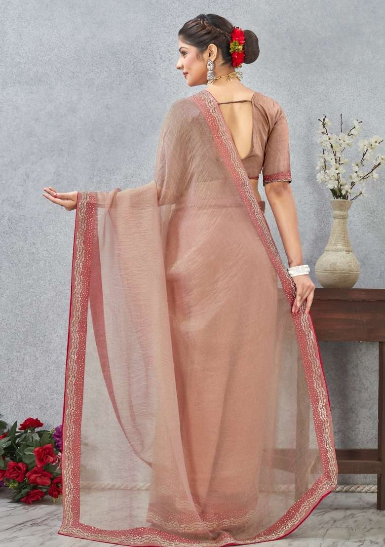 Peach Silk Blend Saree Set with Printed for Diwali | Wedding & Festive Wear - Indya