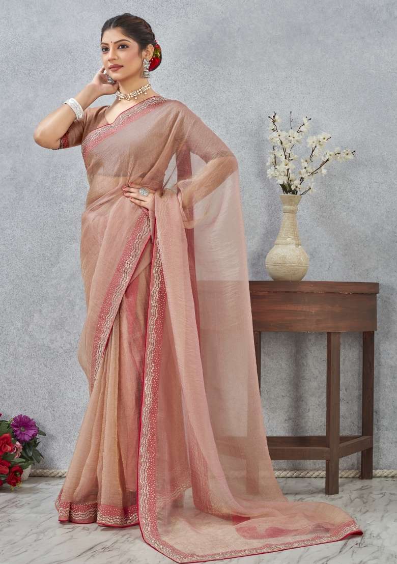 Peach Silk Blend Saree Set with Printed for Diwali | Wedding & Festive Wear - Indya