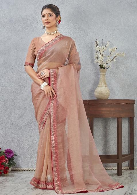 Peach Printed Silk Saree Set