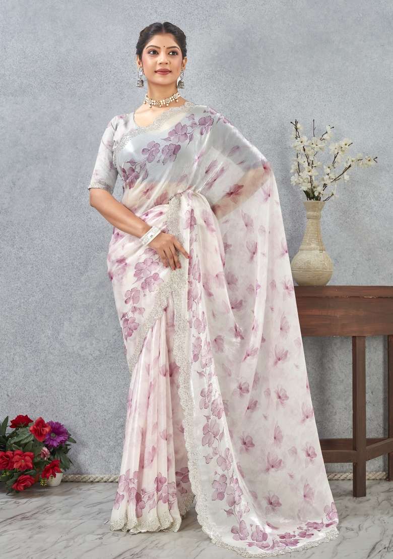 Pink Satin Saree Set with Printed for Diwali | Wedding & Festive Wear - Indya