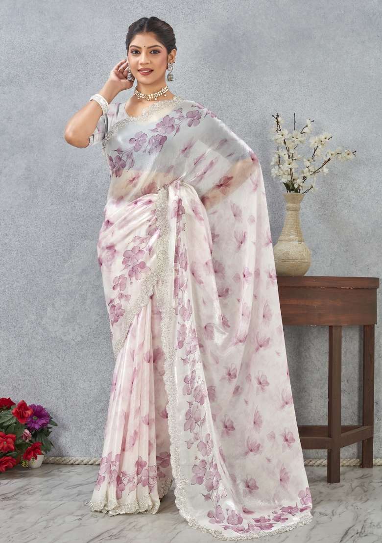Pink Satin Saree Set with Printed for Diwali | Wedding & Festive Wear - Indya