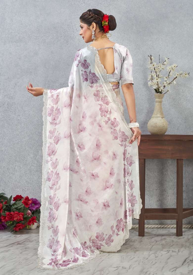 Pink Satin Saree Set with Printed for Diwali | Wedding & Festive Wear - Indya
