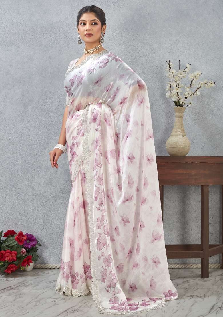 Pink Satin Saree Set with Printed for Diwali | Wedding & Festive Wear - Indya