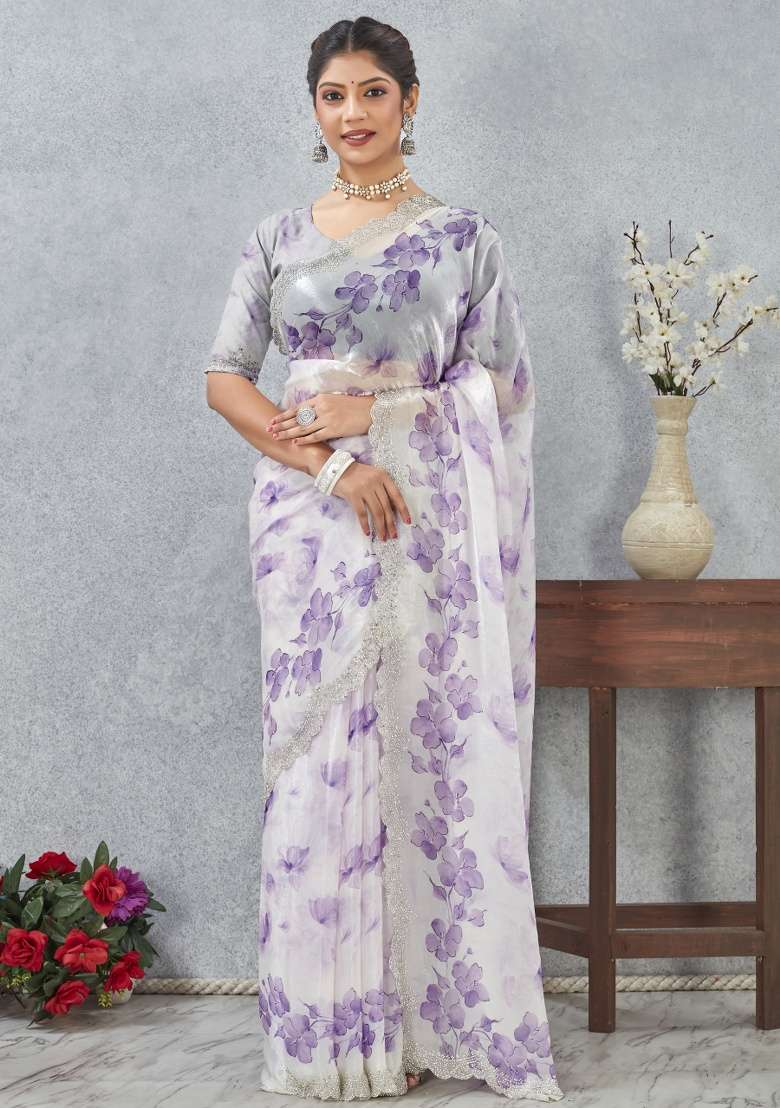 Purple Satin Saree Set with Printed for Diwali | Wedding & Festive Wear - Indya
