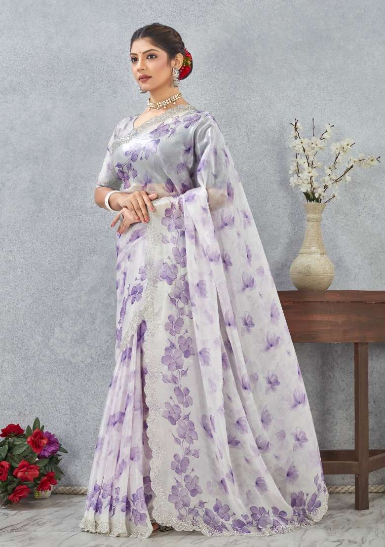Purple Satin Saree Set with Printed for Diwali | Wedding & Festive Wear - Indya