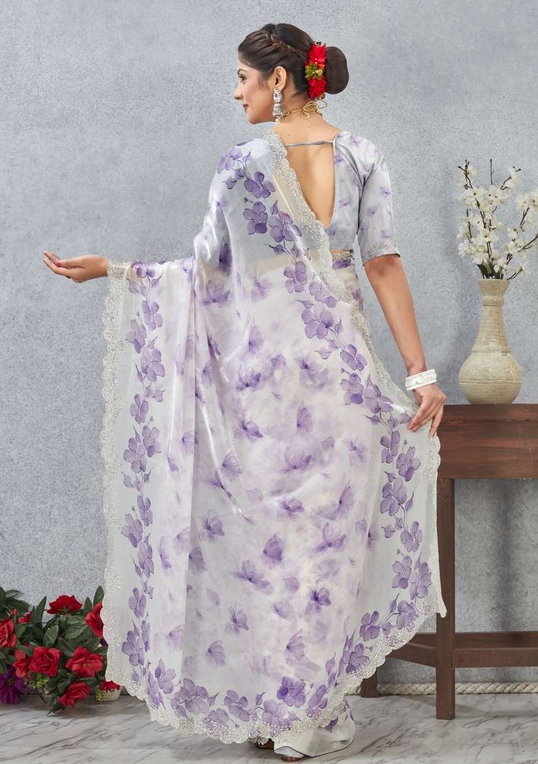 Purple Satin Saree Set with Printed for Diwali | Wedding & Festive Wear - Indya