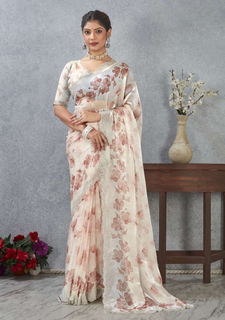 Peach Satin Saree Set with Printed for Diwali | Wedding & Festive Wear - Indya