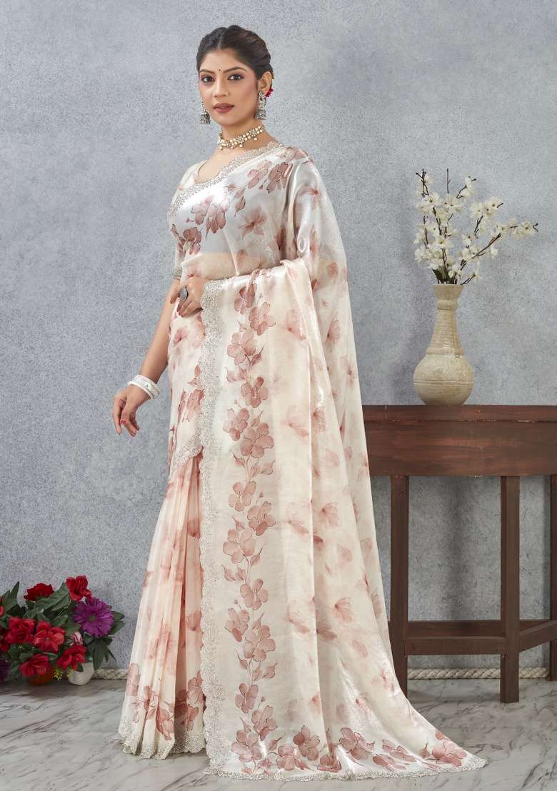 Peach Satin Saree Set with Printed for Diwali | Wedding & Festive Wear - Indya