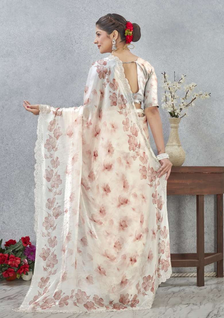 Peach Satin Saree Set with Printed for Diwali | Wedding & Festive Wear - Indya