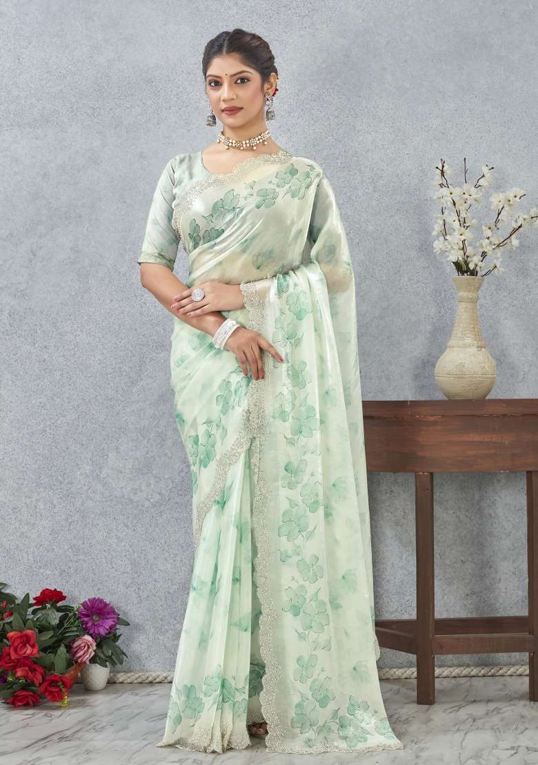 Rama Green Printed Satin Saree Set for Diwali and Festive Wear - Indya