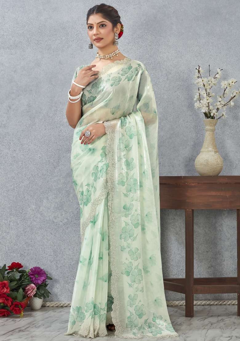 Rama Green Printed Satin Saree Set for Diwali and Festive Wear - Indya