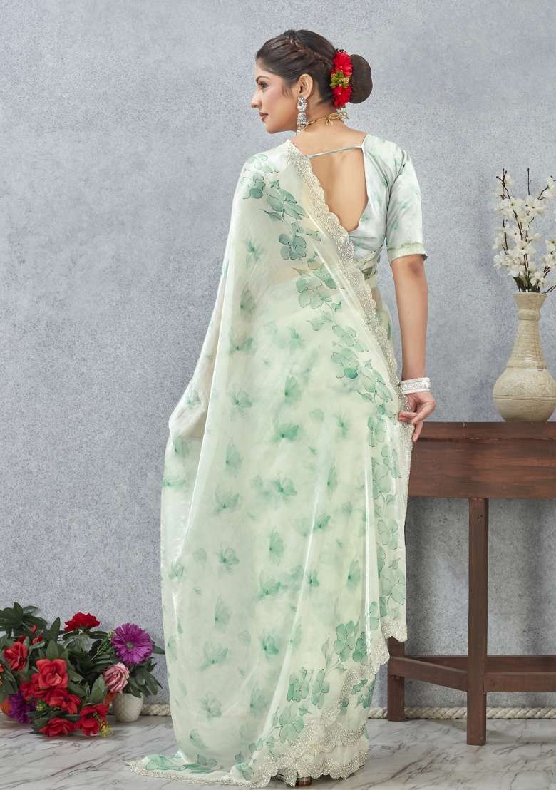 Rama Green Printed Satin Saree Set for Diwali and Festive Wear - Indya