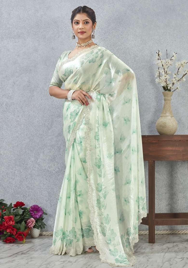 Rama Green Printed Satin Saree Set for Diwali and Festive Wear - Indya