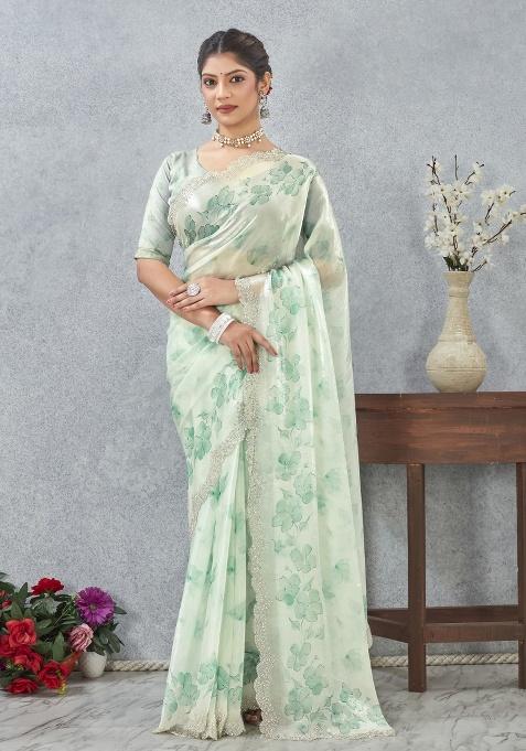 Rama Green Printed Satin Saree Set