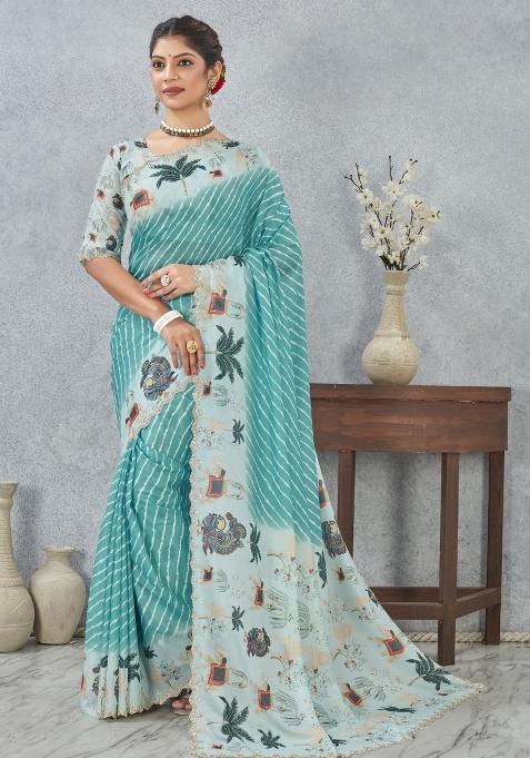 Sky Printed Satin Silk Saree Set