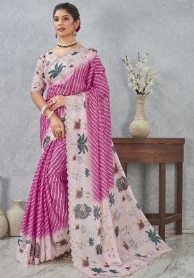 Pink Printed Satin Silk Saree Set