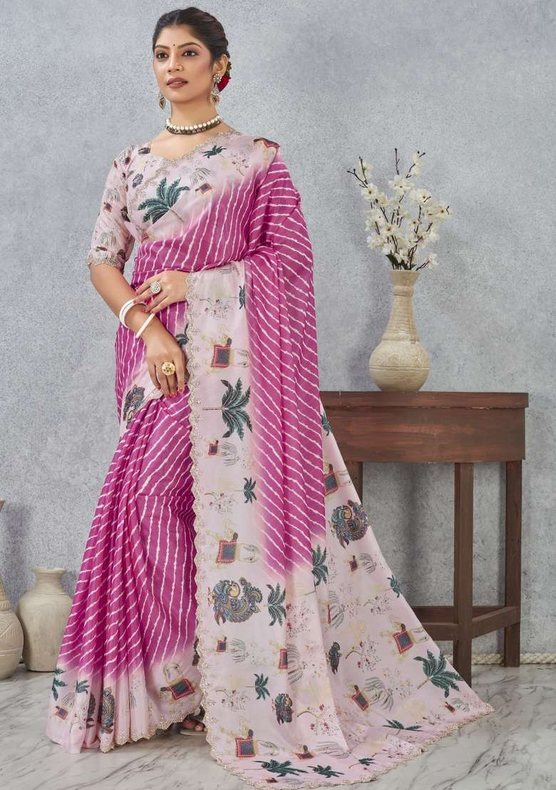 Pink Blend Satin Silk Saree Set with Printed for Diwali | Wedding & Festive Wear - Indya