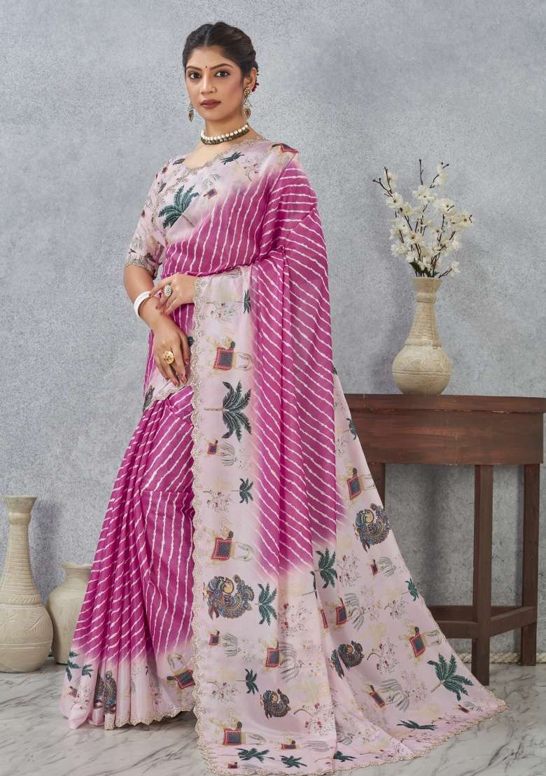 Pink Blend Satin Silk Saree Set with Printed for Diwali | Wedding & Festive Wear - Indya
