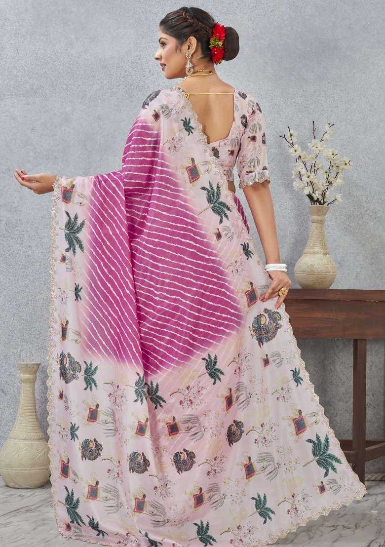 Pink Blend Satin Silk Saree Set with Printed for Diwali | Wedding & Festive Wear - Indya
