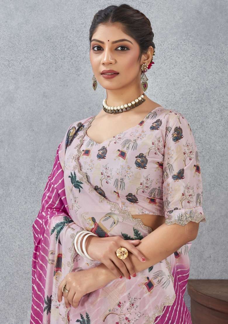 Pink Blend Satin Silk Saree Set with Printed for Diwali | Wedding & Festive Wear - Indya