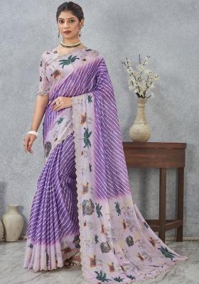 Purple Printed Satin Silk Saree Set