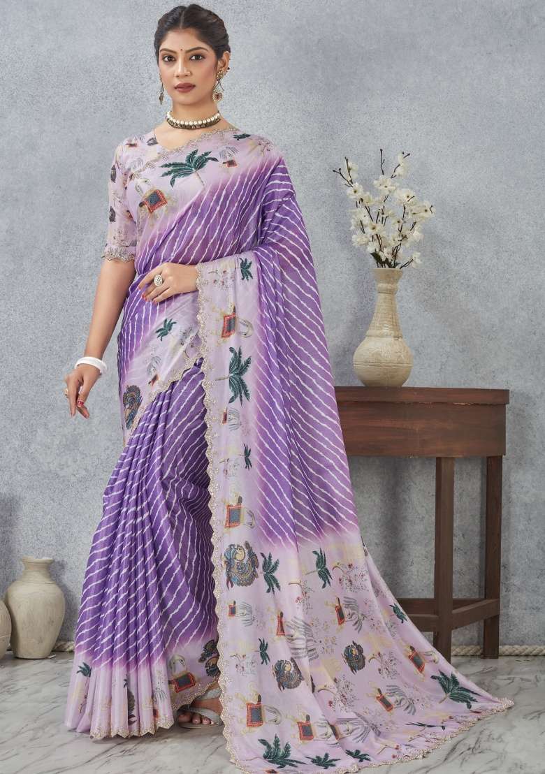Purple Printed Satin Silk Blend Saree Set for Diwali and Festive Wear - Indya