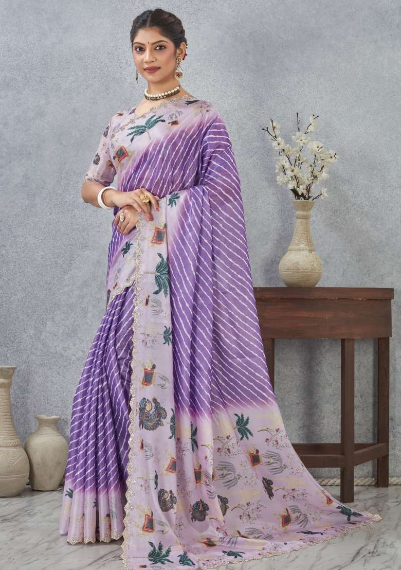 Purple Printed Satin Silk Blend Saree Set for Diwali and Festive Wear - Indya