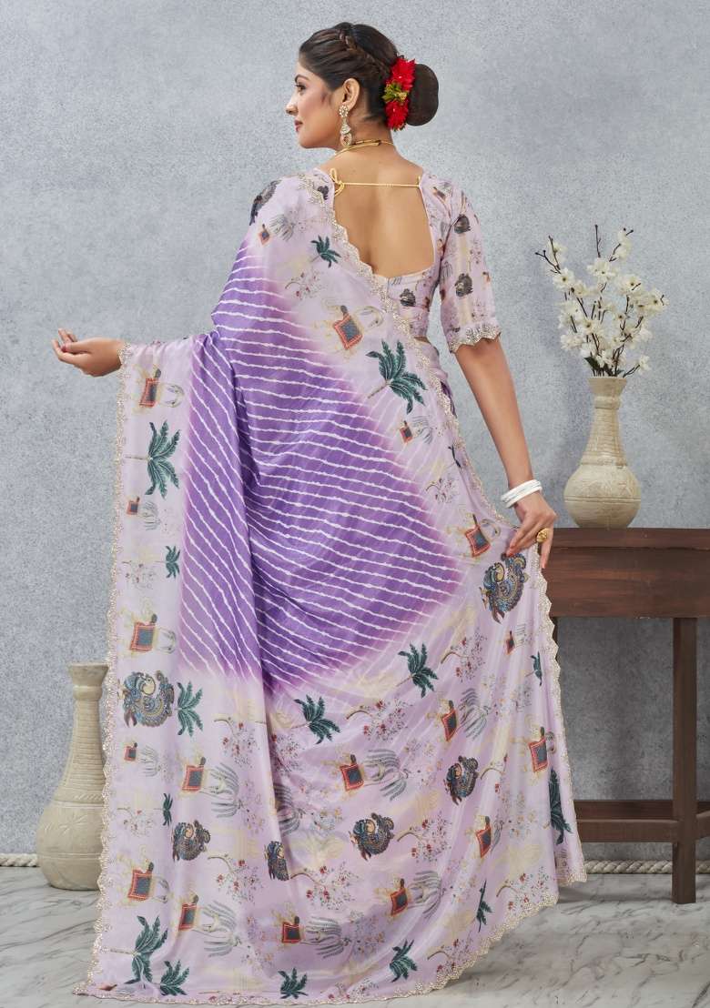 Purple Printed Satin Silk Blend Saree Set for Diwali and Festive Wear - Indya