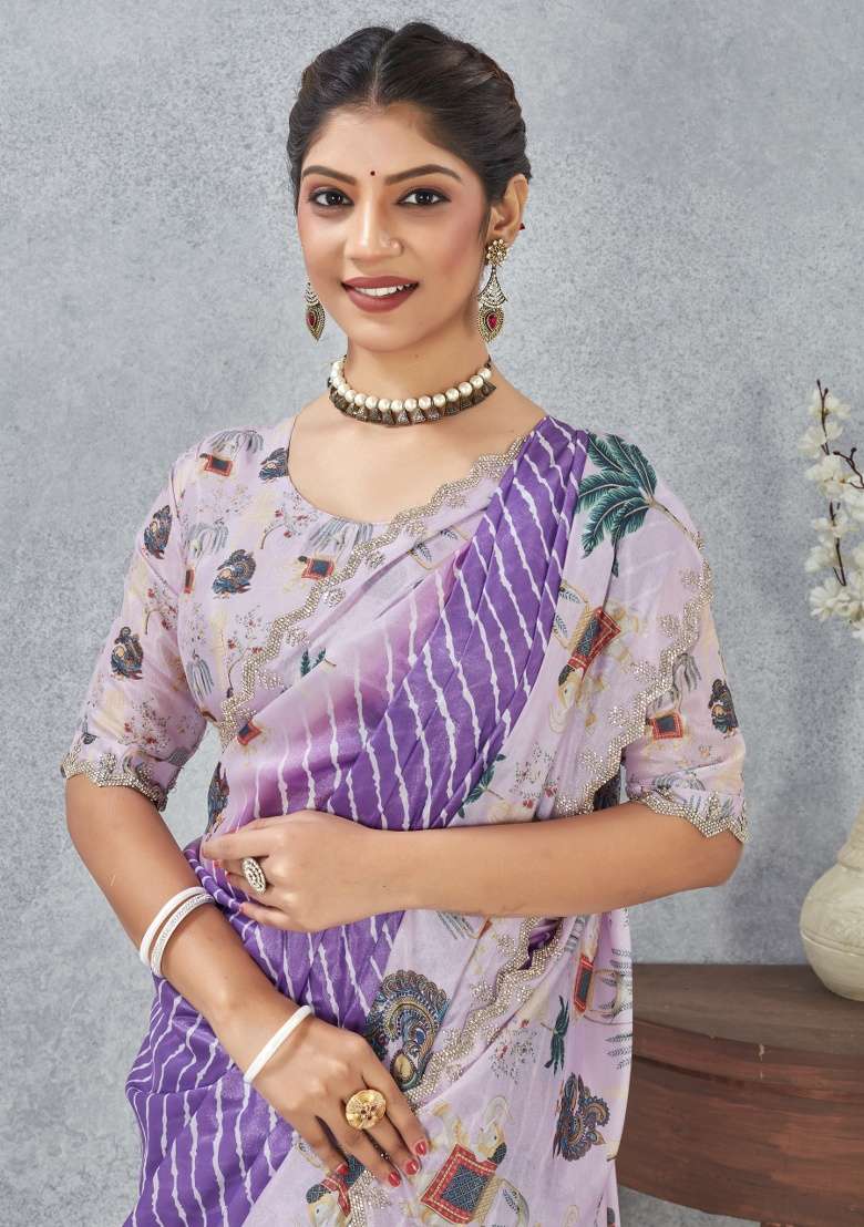 Purple Printed Satin Silk Blend Saree Set for Diwali and Festive Wear - Indya
