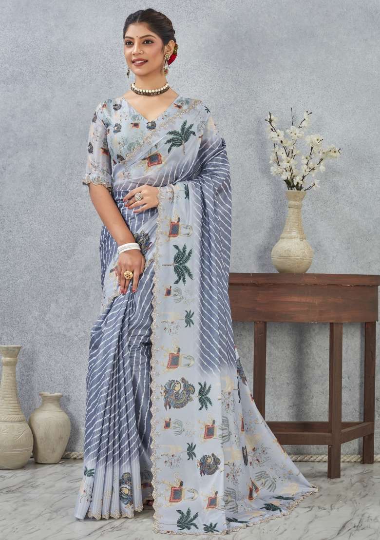 Gray Printed Satin Silk Blend Saree Set for Diwali and Festive Wear - Indya