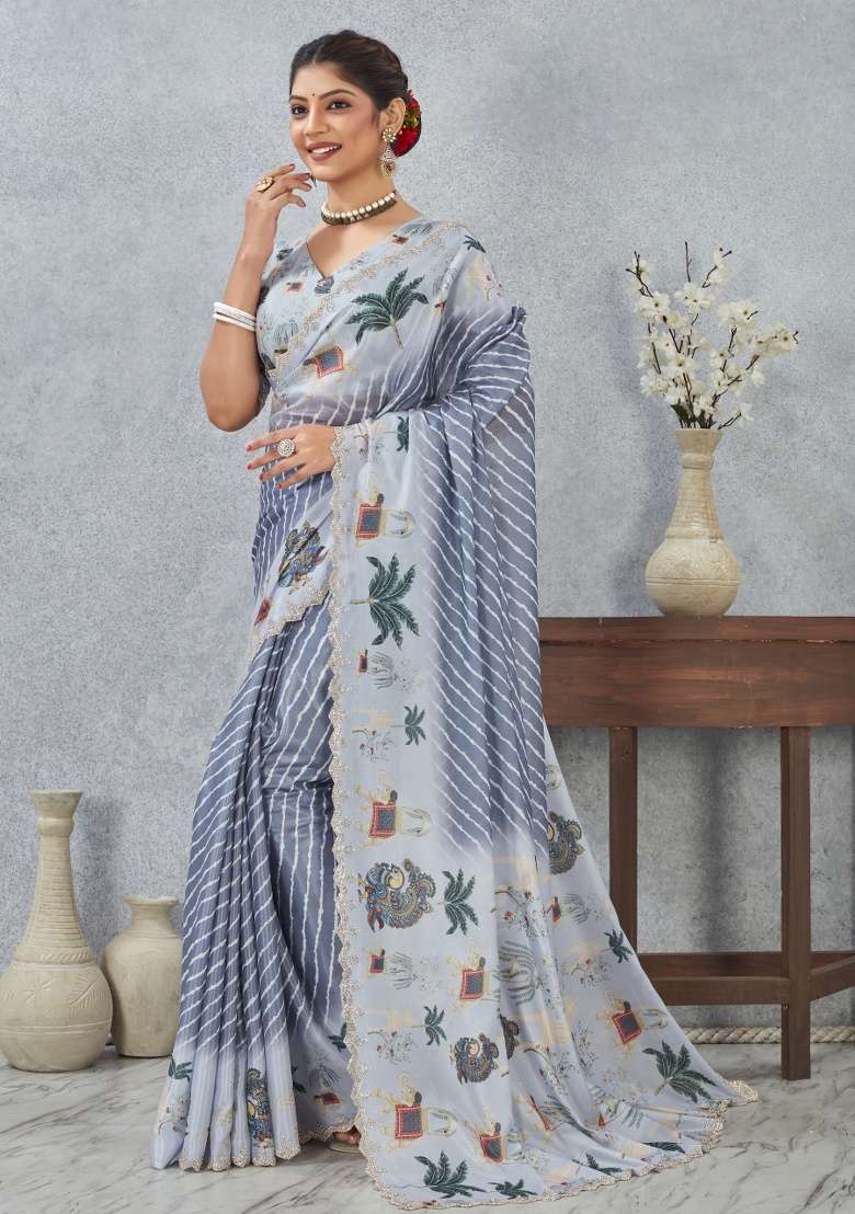 Gray Printed Satin Silk Blend Saree Set for Diwali and Festive Wear - Indya
