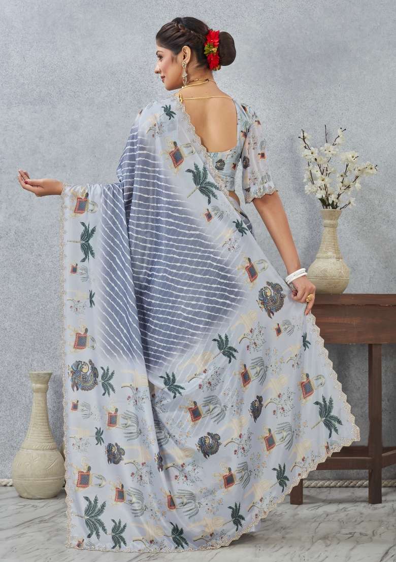 Gray Printed Satin Silk Blend Saree Set for Diwali and Festive Wear - Indya