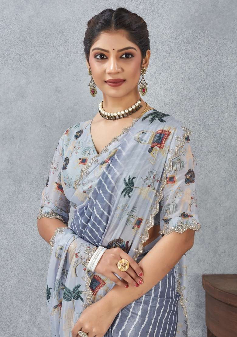Gray Printed Satin Silk Blend Saree Set for Diwali and Festive Wear - Indya