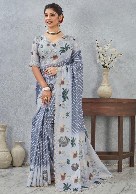 Gray Printed Satin Silk Saree Set