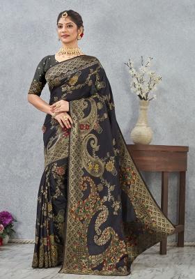 Black Printed Silk Saree Set
