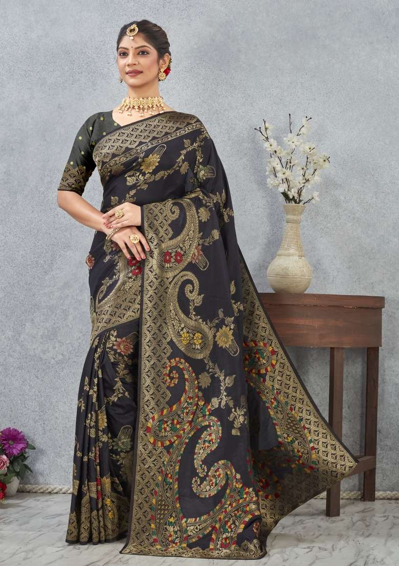 Black Printed Silk Blend Saree Set for Diwali and Festive Wear - Indya