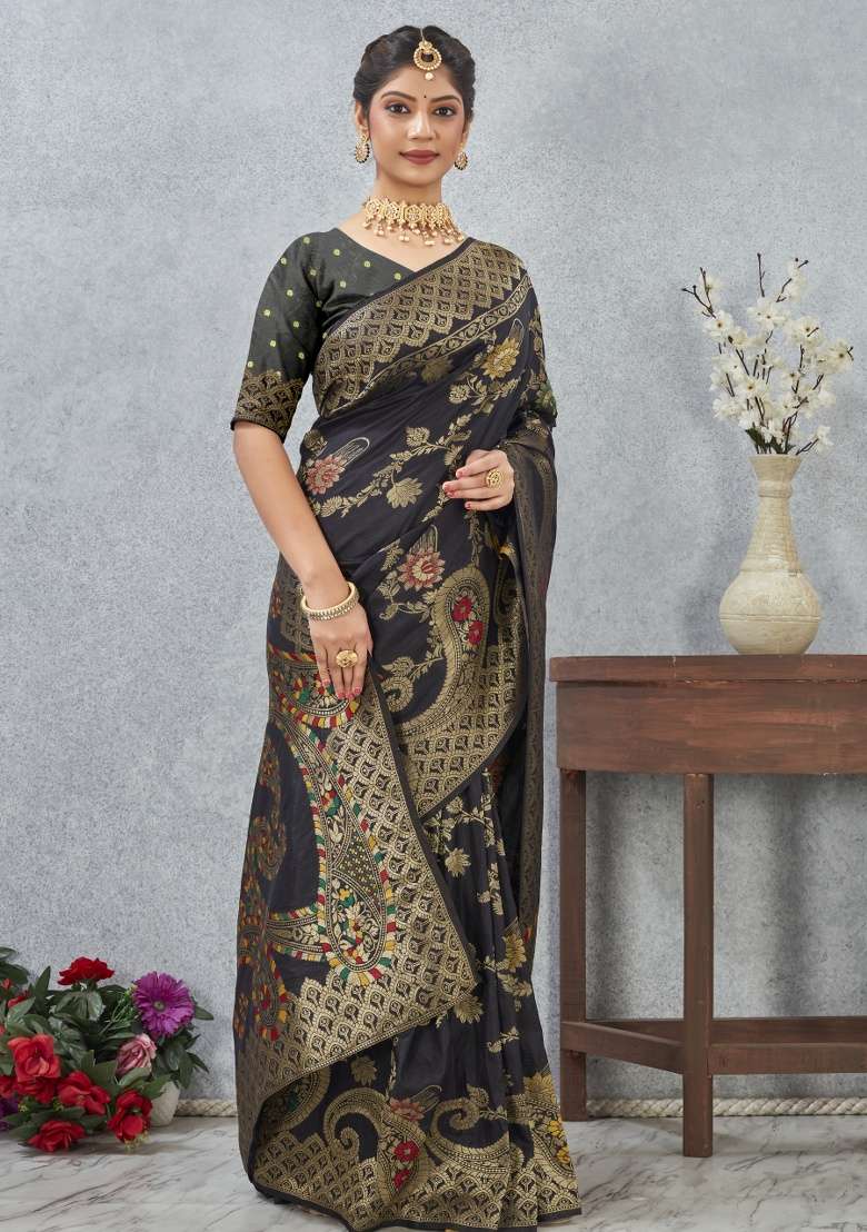 Black Printed Silk Blend Saree Set for Diwali and Festive Wear - Indya
