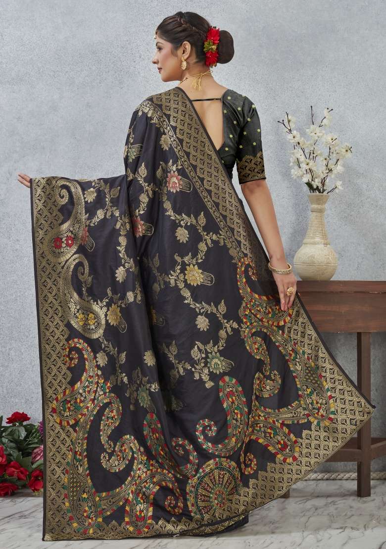 Black Printed Silk Blend Saree Set for Diwali and Festive Wear - Indya