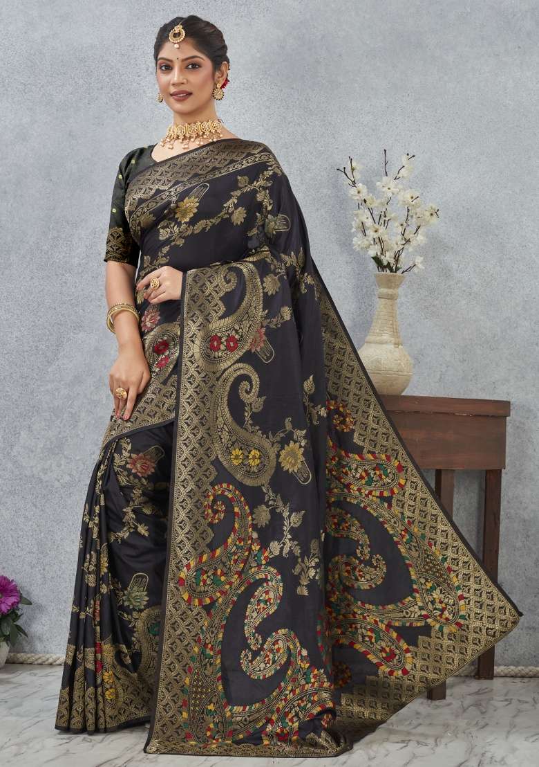 Black Printed Silk Blend Saree Set for Diwali and Festive Wear - Indya
