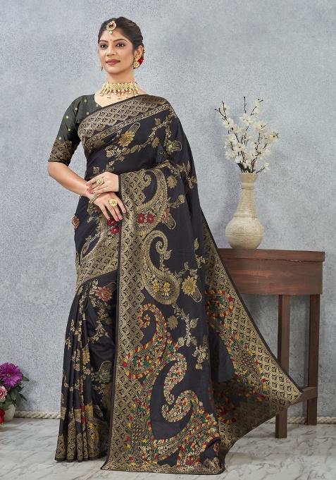 Black Printed Silk Saree Set