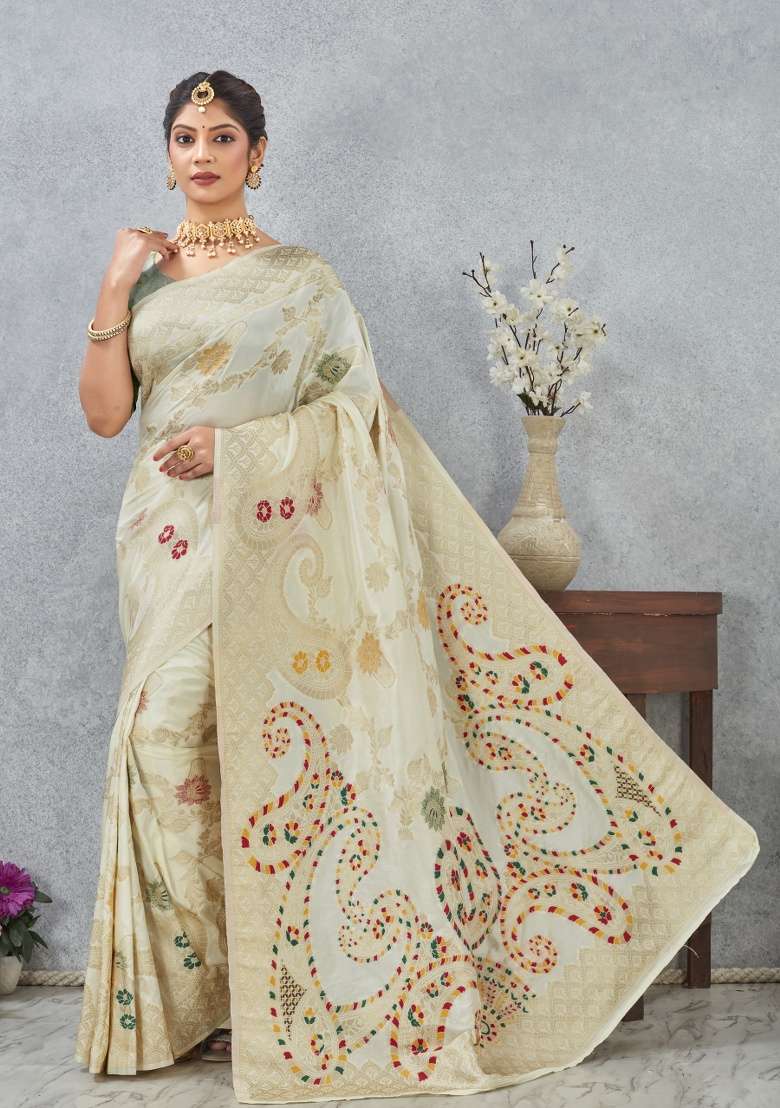 Off White Printed Silk Blend Saree Set - Indya