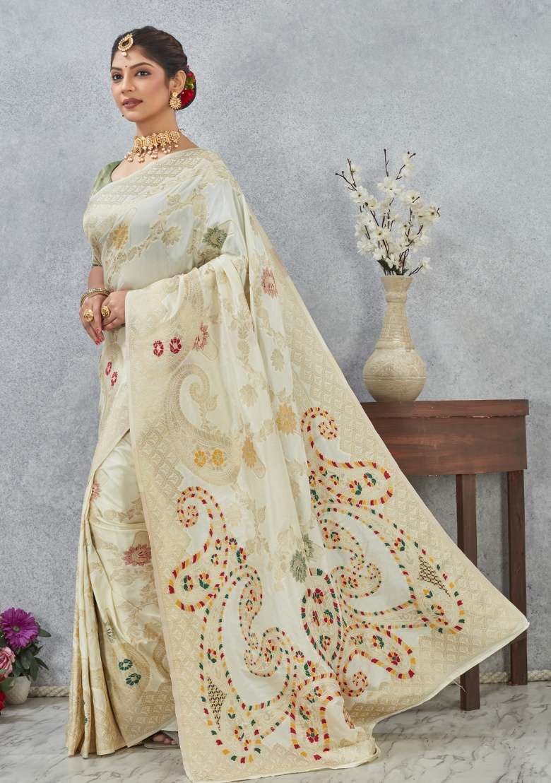 Off White Printed Silk Blend Saree Set - Indya
