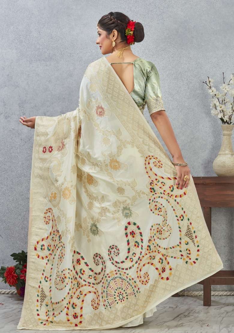 Off White Printed Silk Blend Saree Set - Indya