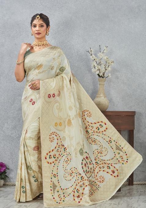 Off White Printed Silk Saree Set