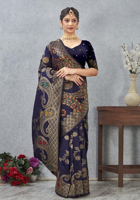 Navy Printed Silk Saree Set