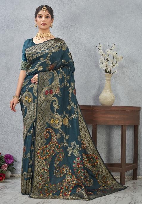 Morpeach Printed Silk Saree Set